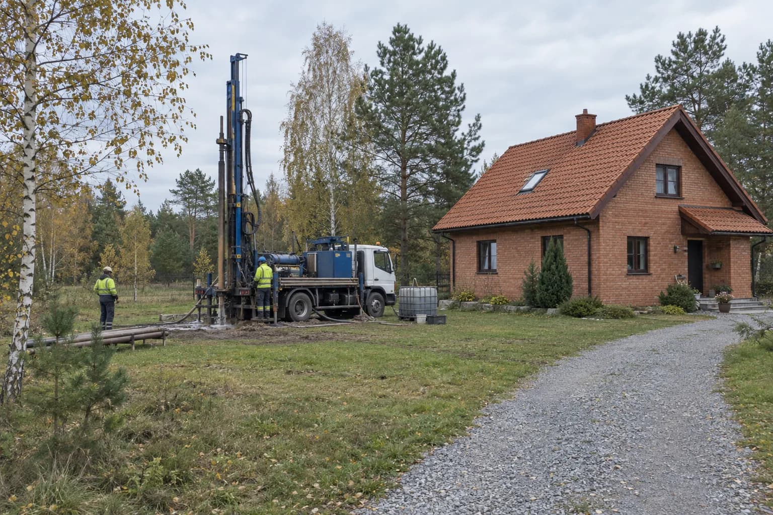 Wiertnica zamontowana na ciężarówce stoi na działce przy ceglanym domu jednorodzinnym